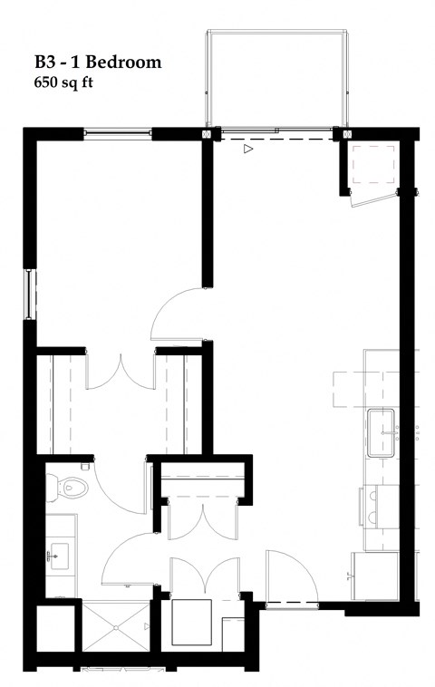 Floor plan for 1 bed, 1 bath, 650 sqft
